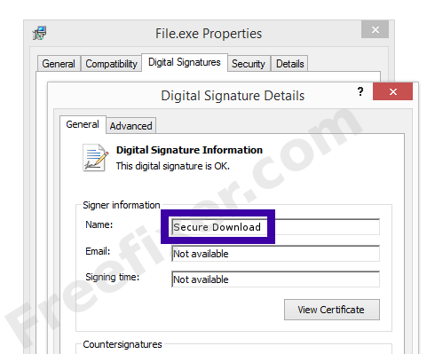 Screenshot of the Secure Download certificate